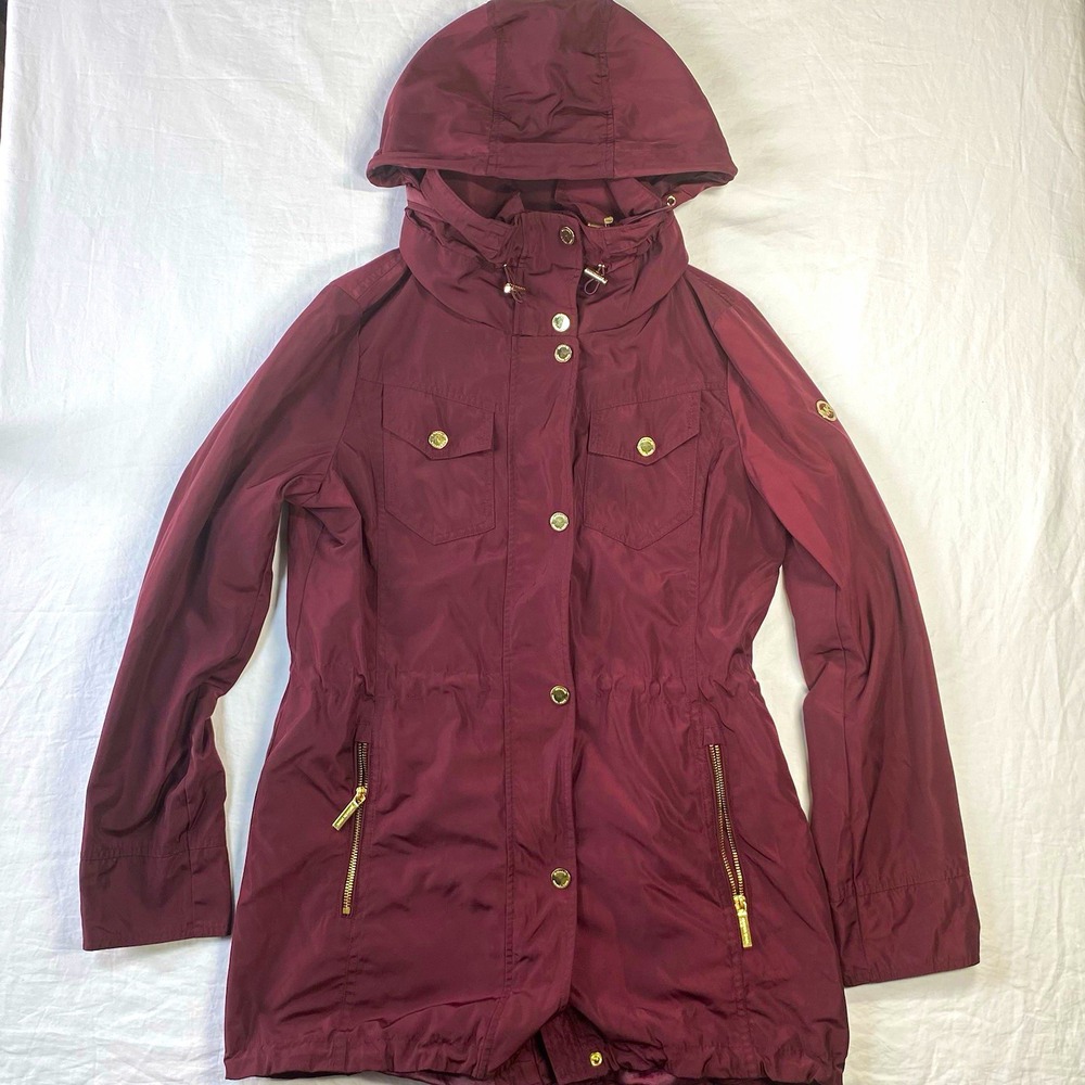 Michael Kors Women Burgundy Hooded Parka Full Zip Snap Jacket Size M